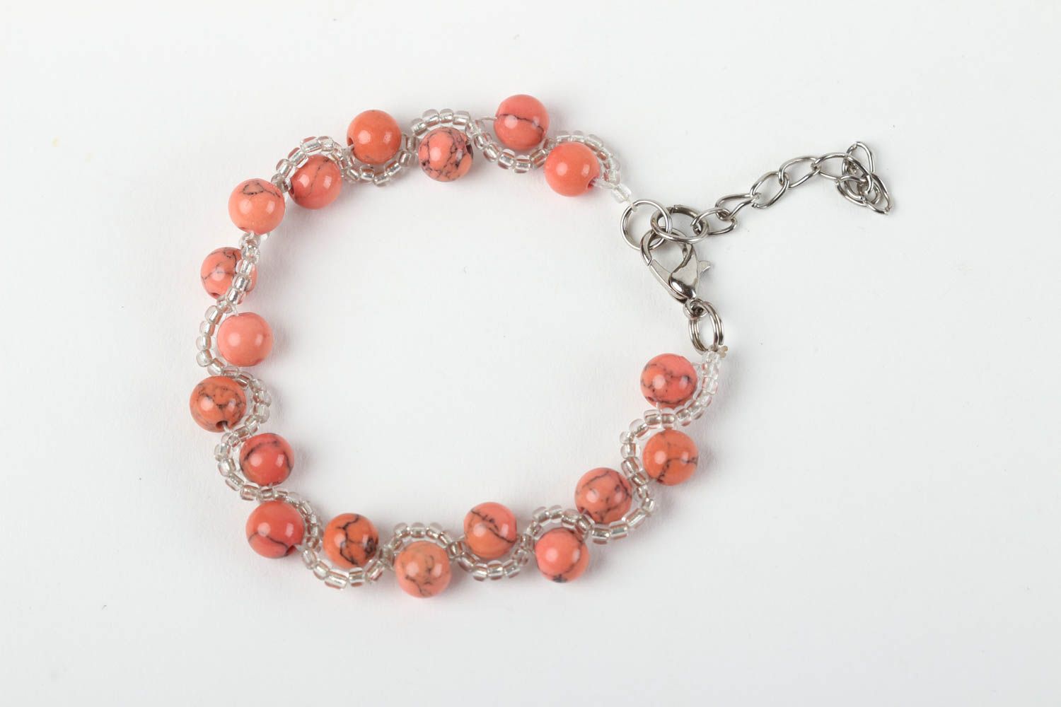 Chain line handmade beaded pale red wrist bracelet with natural stones for women and girls photo 2
