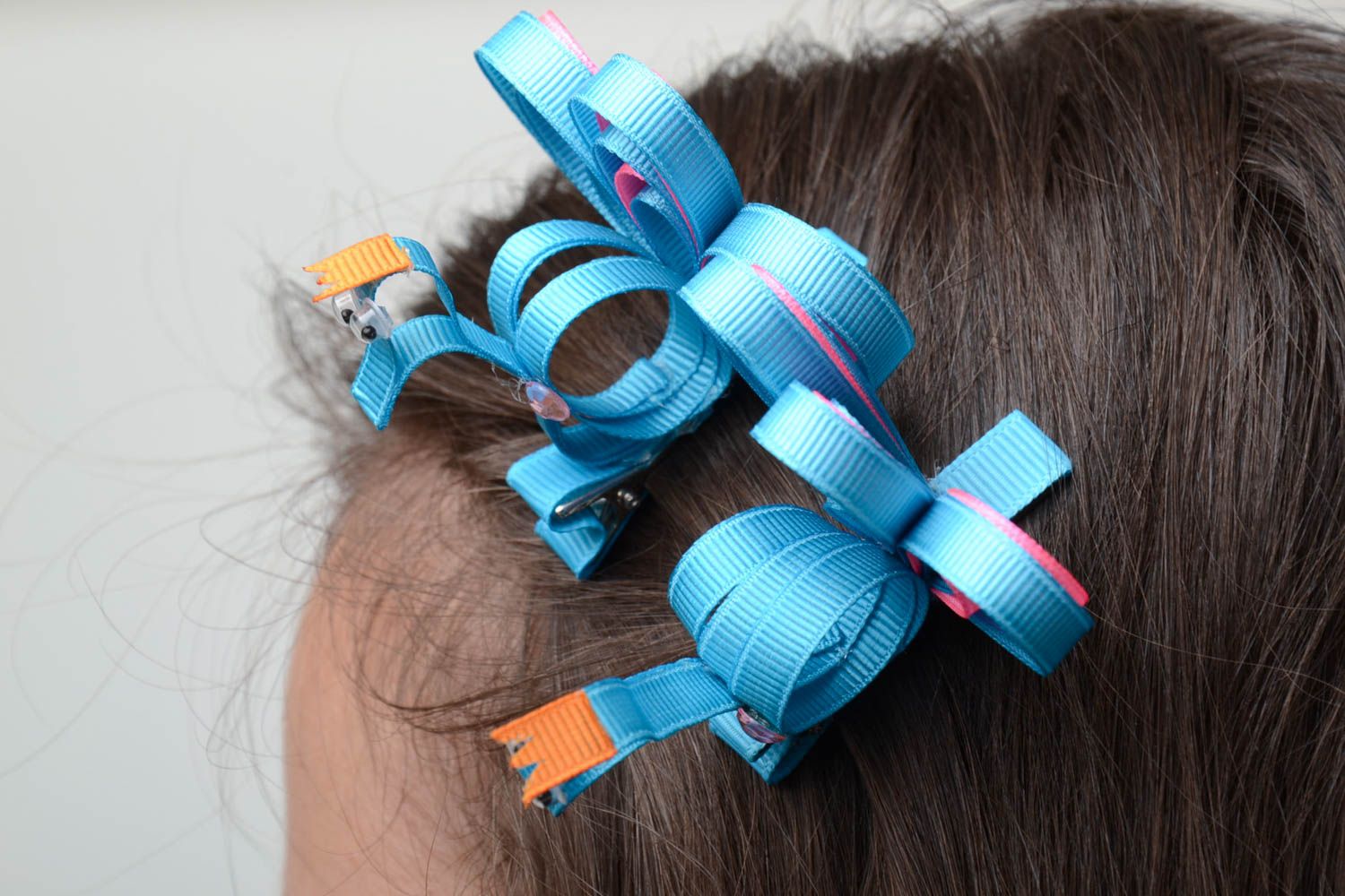 Set of handmade decorative hair clips with volume rep ribbon peacocks 2 items photo 5