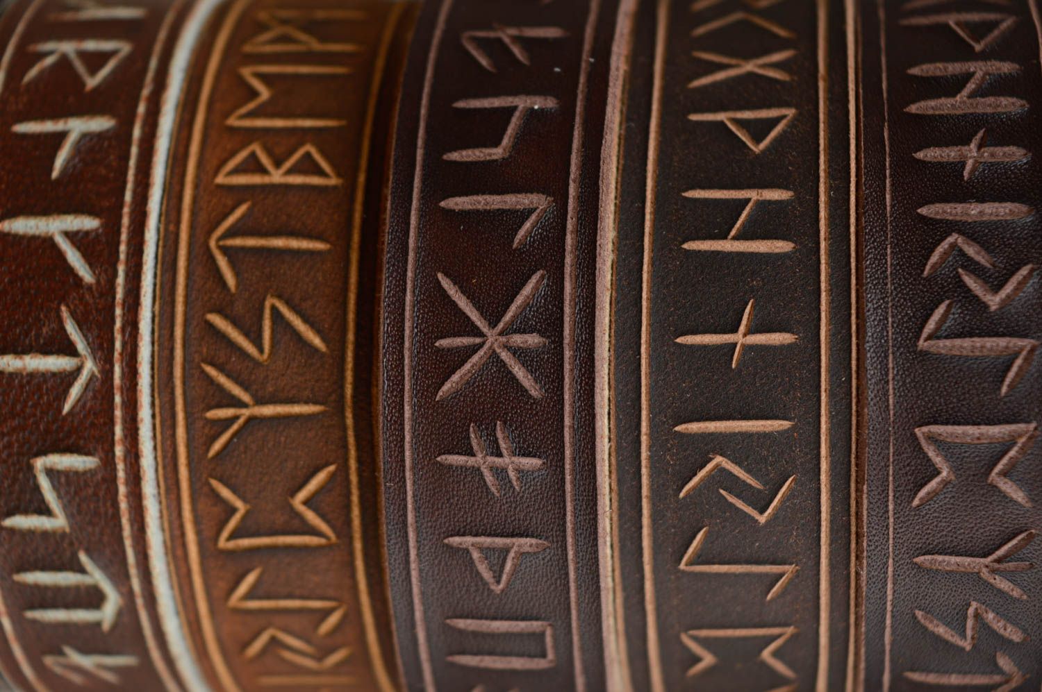 Dark brown genuine leather bracelet with runes photo 5