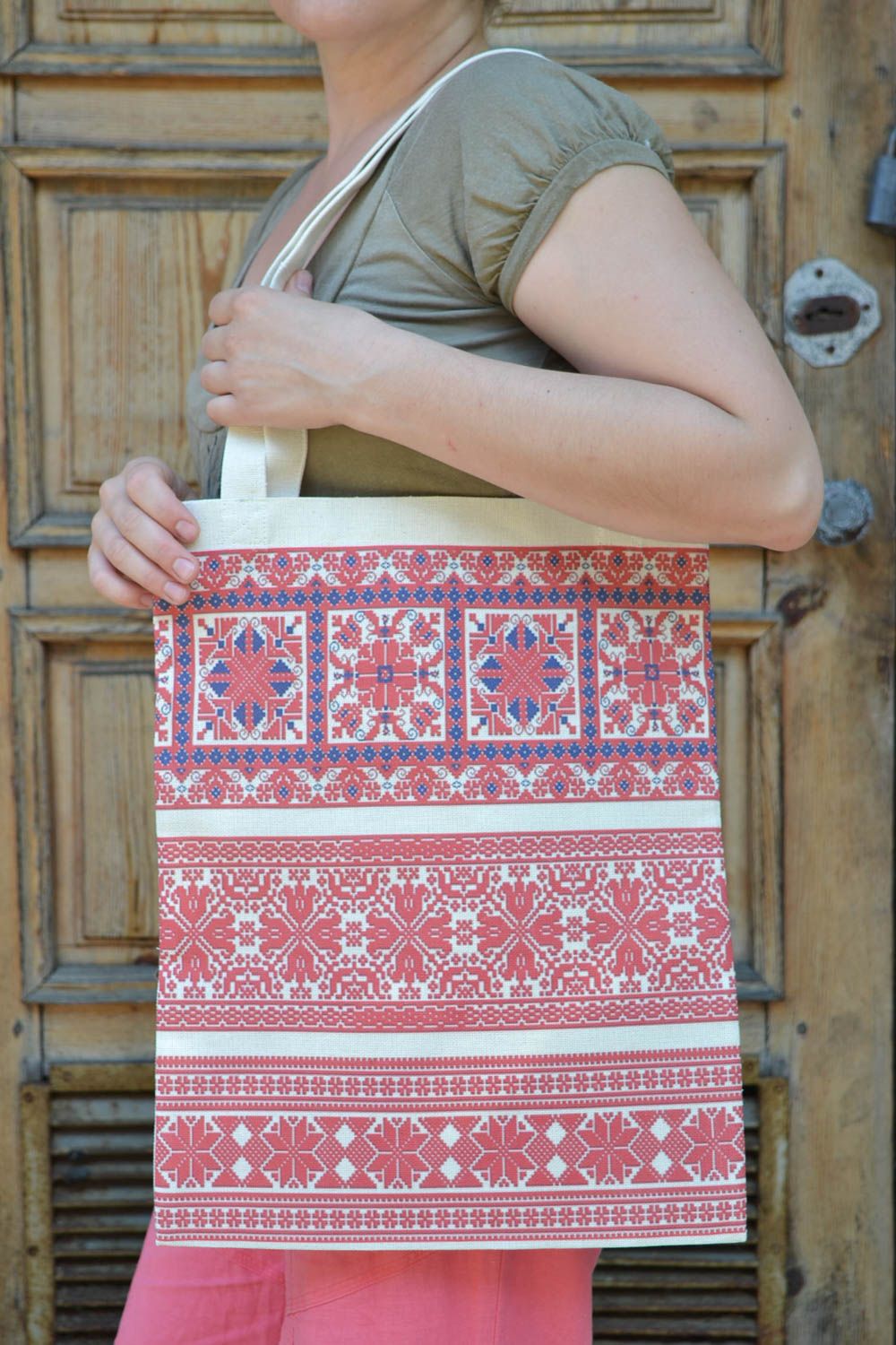 Female big handmade bag made of fabric in eco style with ethnic painting photo 1