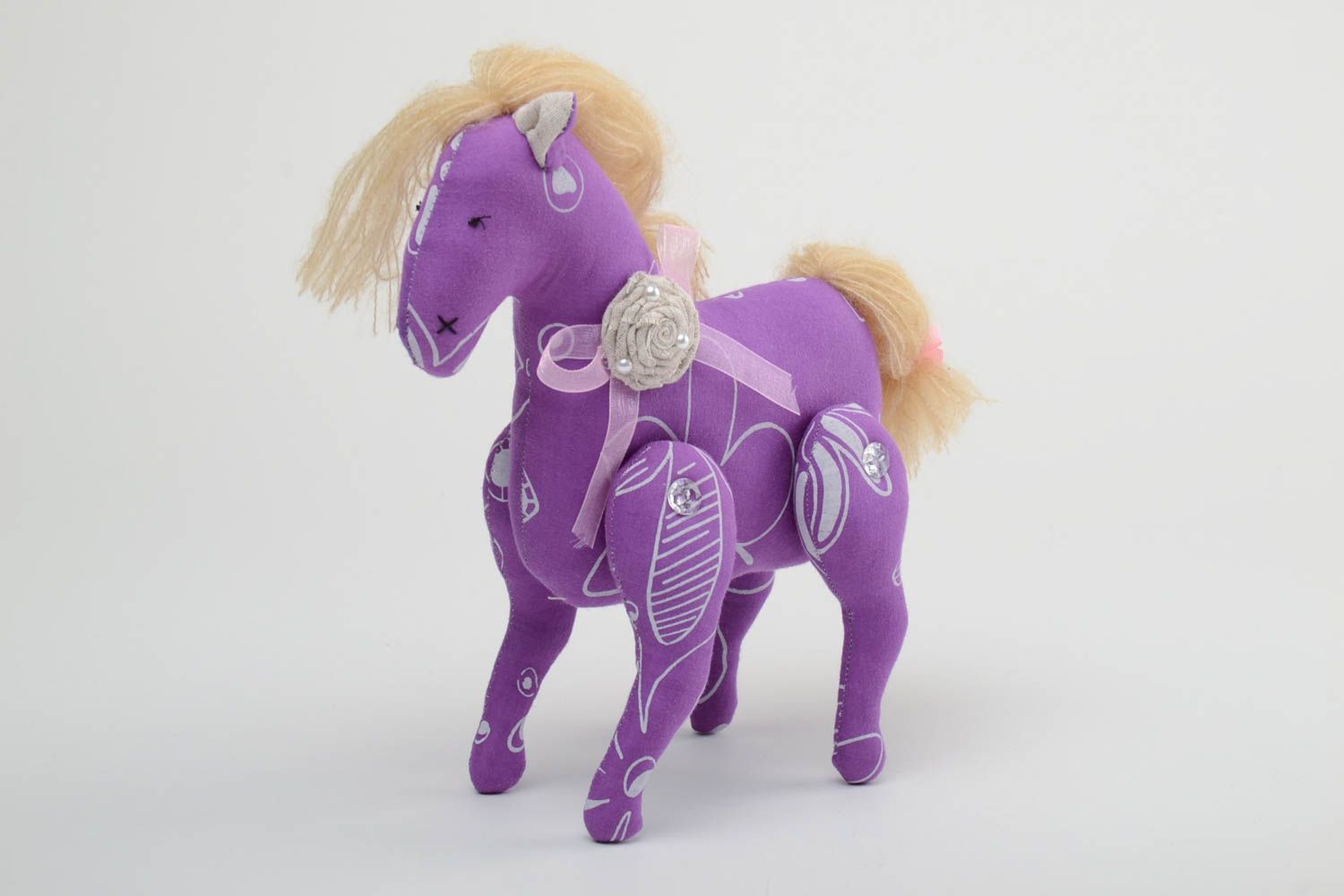 Handmade designer cotton fabric soft toy violet horse with beige threads mane photo 2