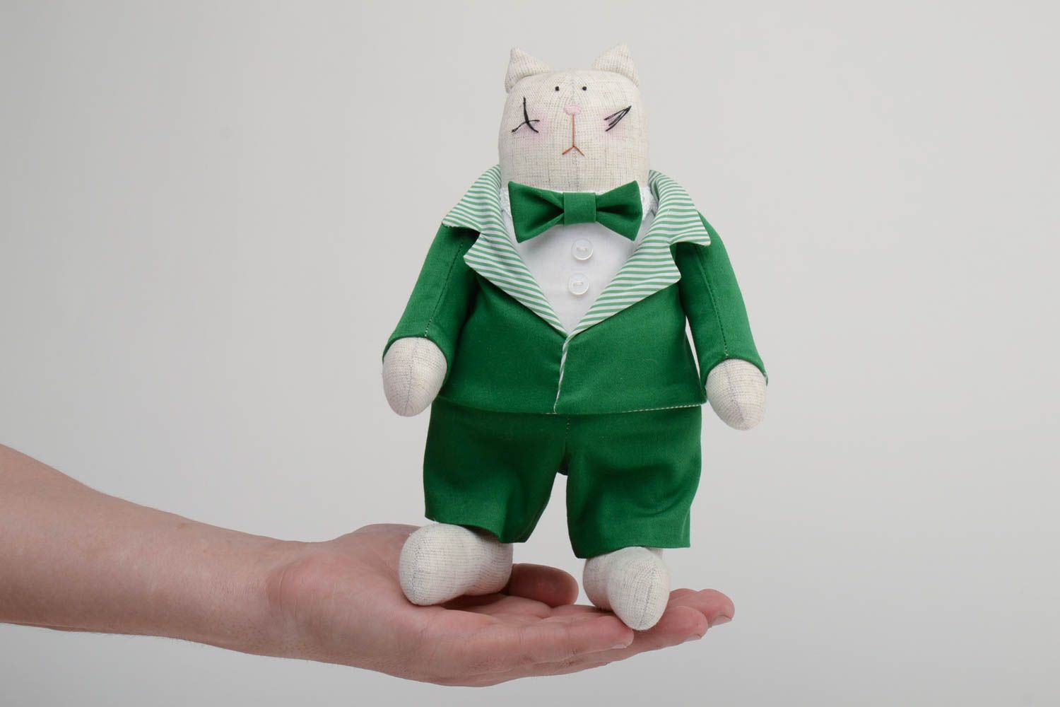Handmade designer soft toy sewn of cotton fabric fat cat in green business suit photo 5