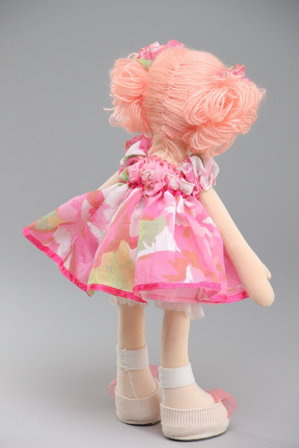 Handmade fabric soft doll of average size in pink dress  photo 4