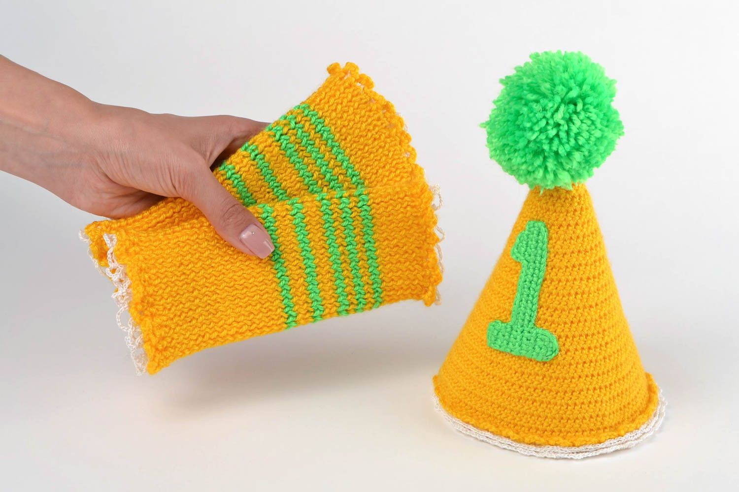 Bonnet tricot fait main Jambières bébé Vêtement enfant jaune vert coton photo 2