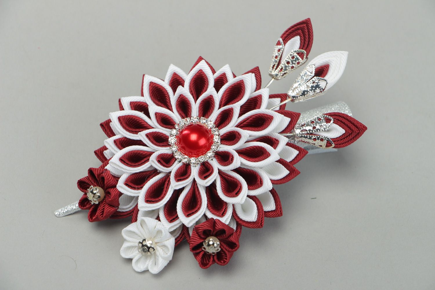 Handmade red and white designer hair clip with rep ribbon kanzashi flower  photo 1