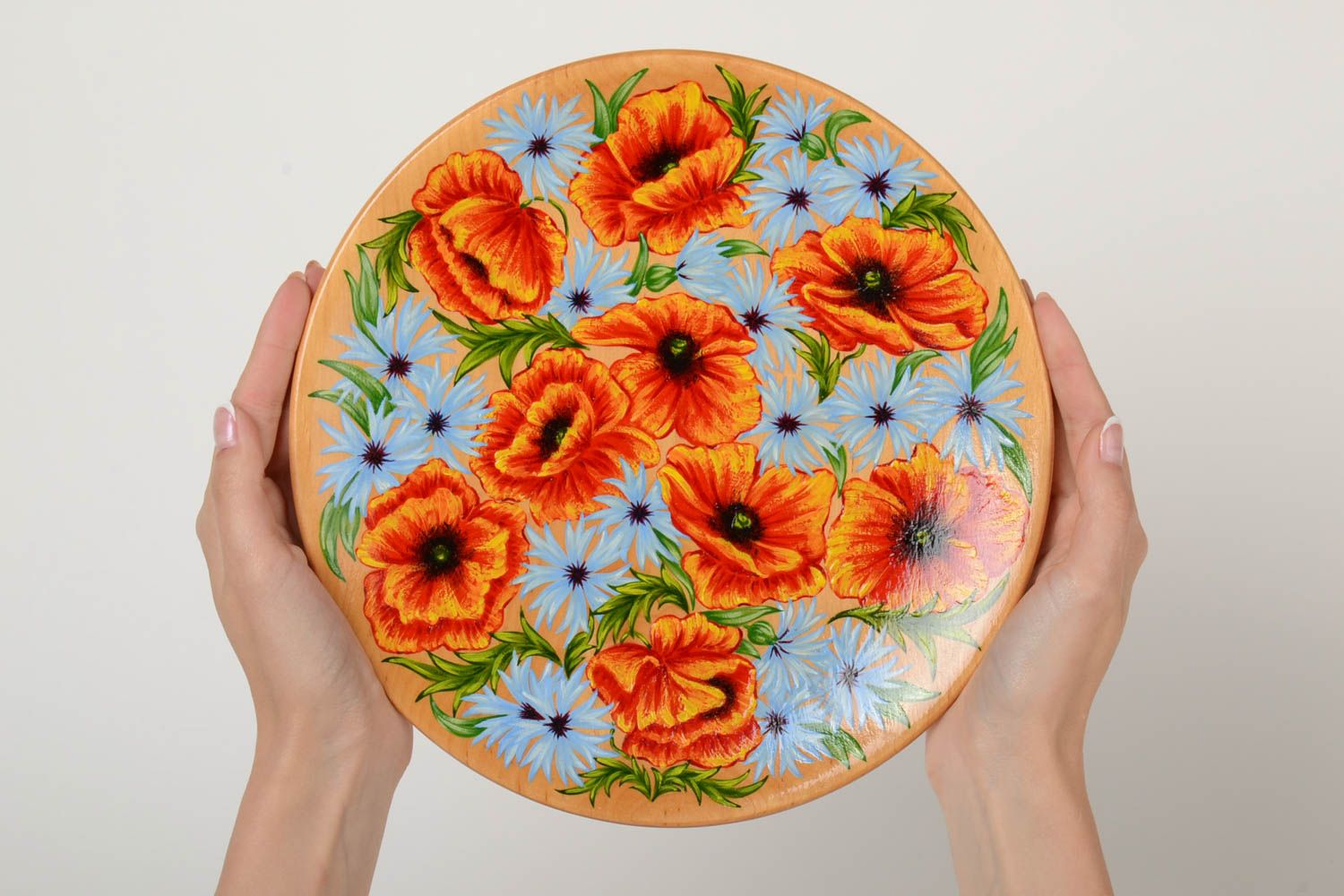 Jolie assiette en bois peinte décorative murale faite main avec fleurs orange photo 5