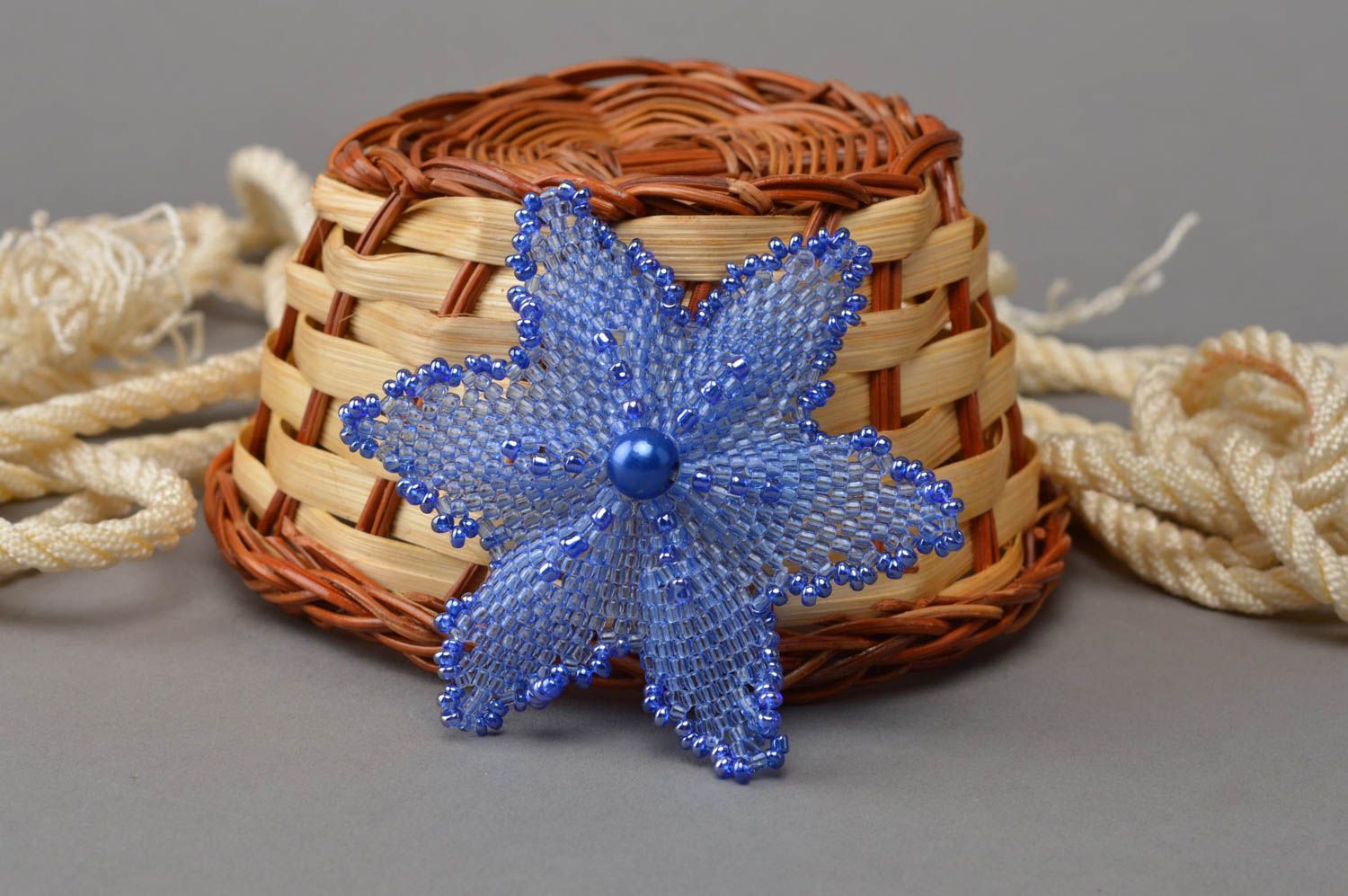 Handmade beautiful delicate designer beaded brooch made in form of blue flower photo 1
