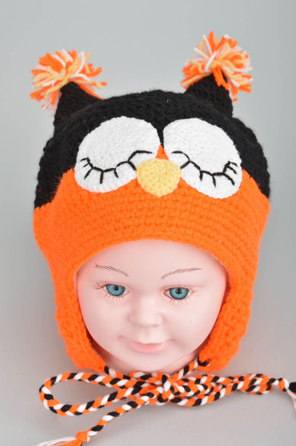 Handmade cute crocheted cap in shape of sleeping owl accessory for kids photo 2