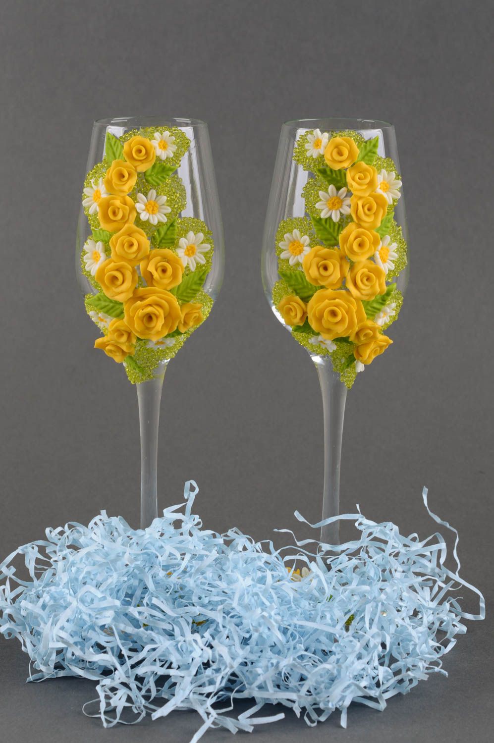 Verres à champagne fait main Vaisselle en verre fleurs jaunes Cadeau original photo 6