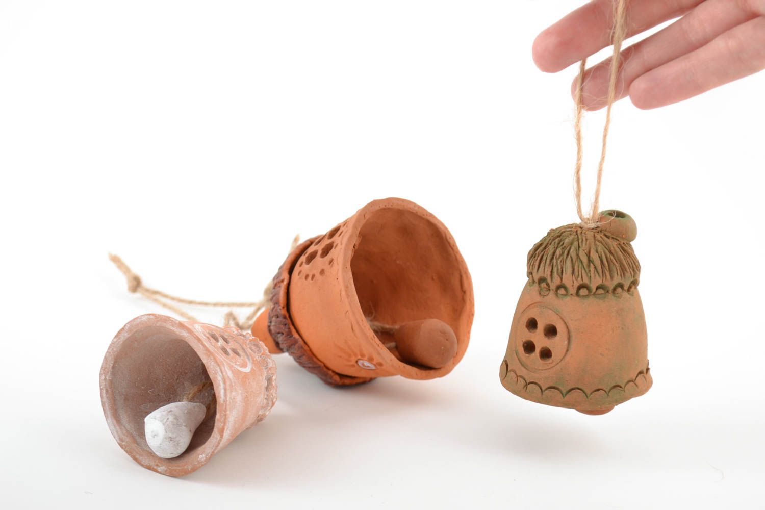 Set of 3 handmade decorative ceramic bells in the shape of small rural houses  photo 2