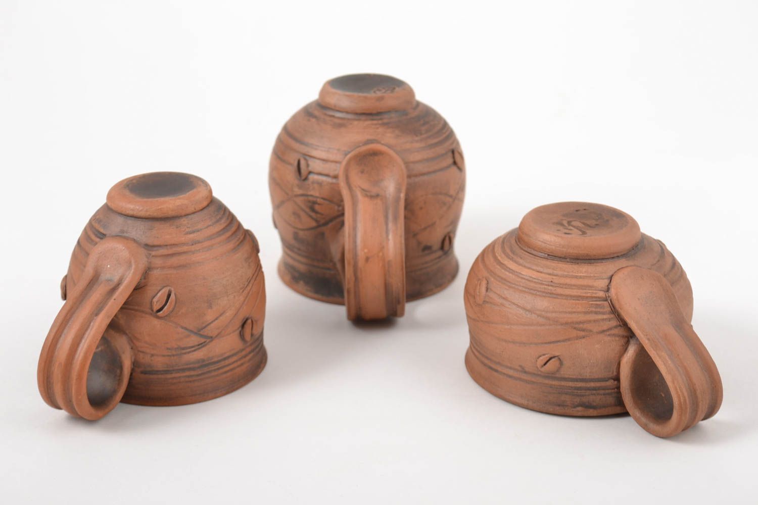 Set of 3 three coffee clay cups in a different style with handles and coffee beans décor 3,5 oz and 1 lb  photo 4
