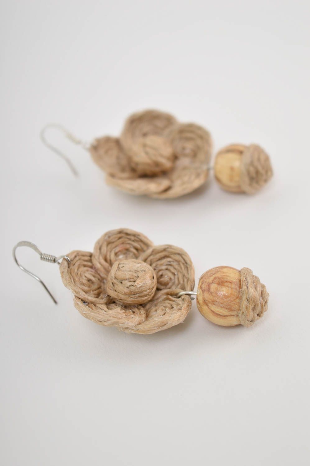Unusual handmade flower earrings cord earrings with beads gifts for her photo 4