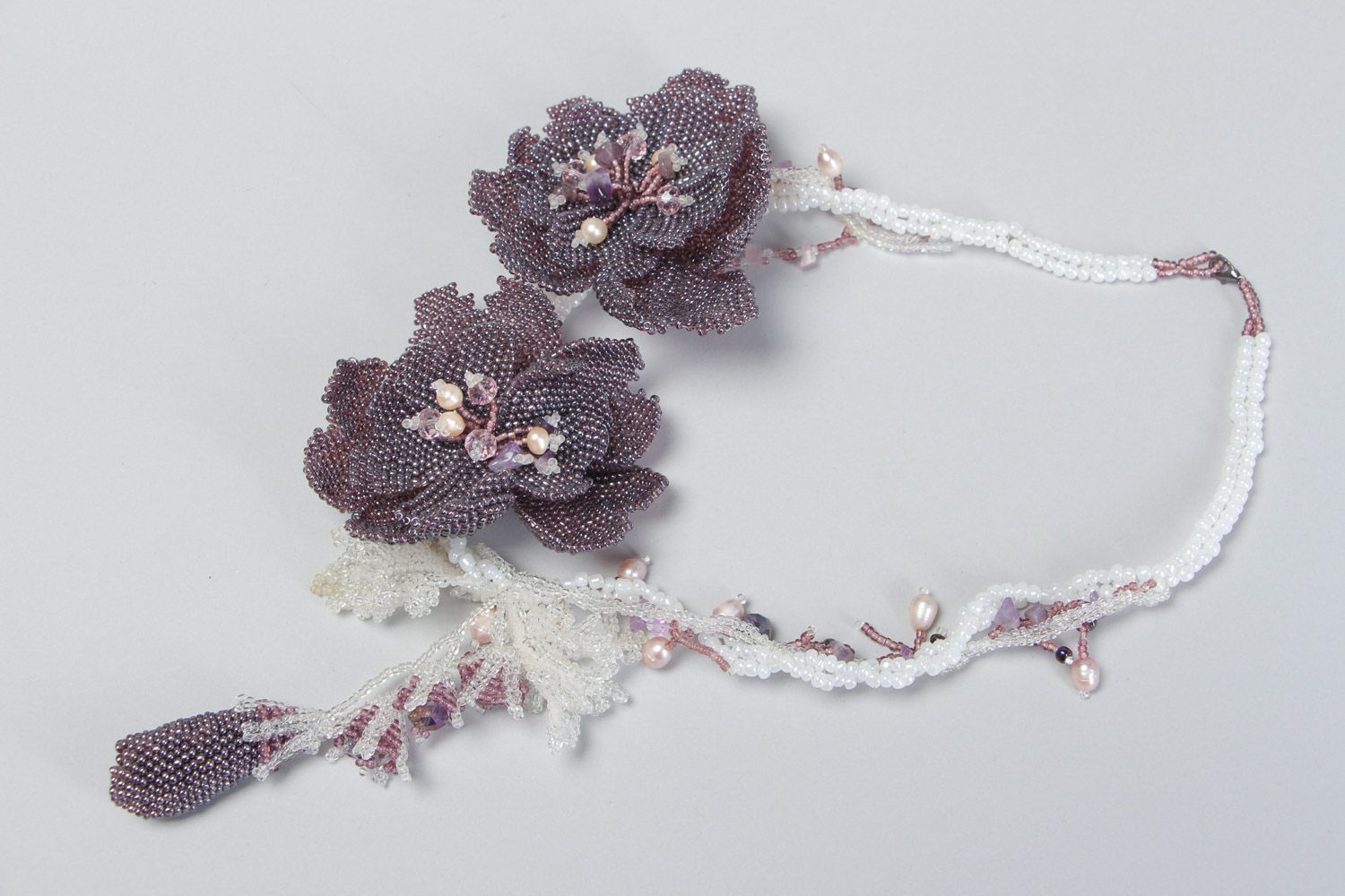 Handmade beaded necklace with flowers and natural stones in tender violet colors photo 2