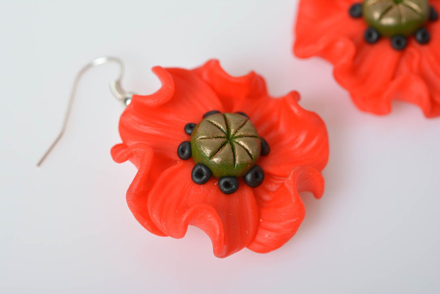 Handmade polymer clay earrings Red Poppies stylish summer long accessory photo 4