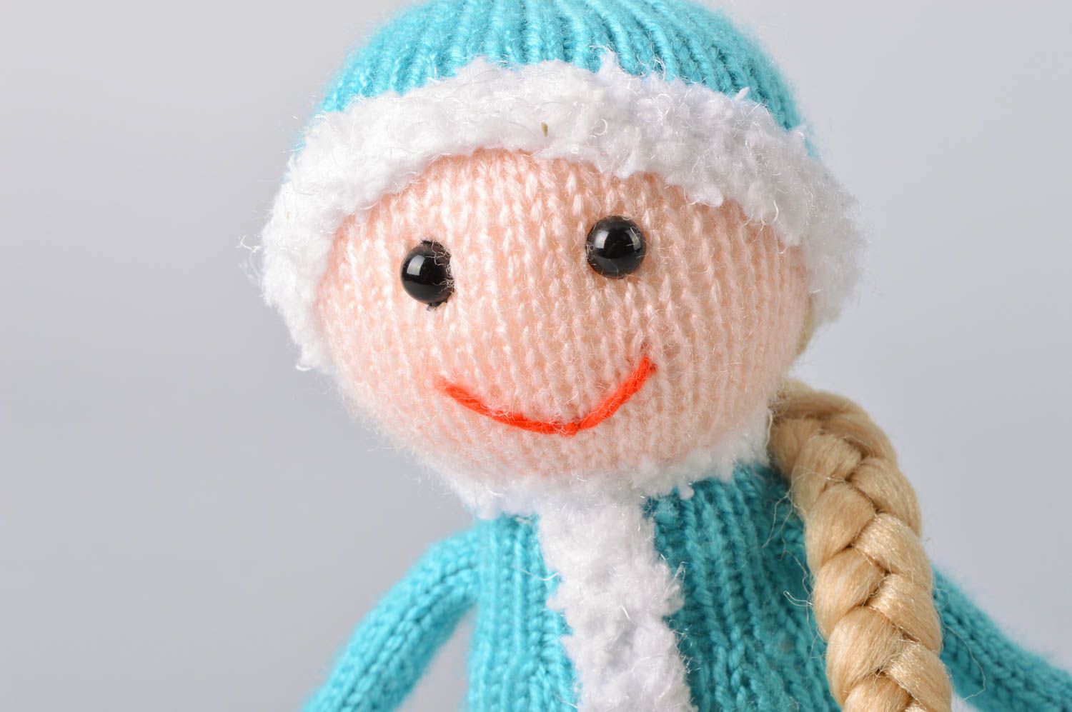 Handmade designer small beautiful knitted soft toy snow maiden for children photo 5