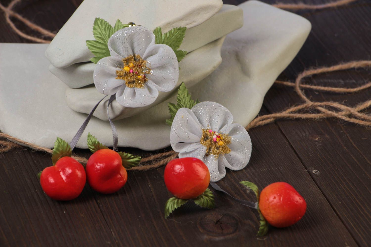 Beautiful handmade children's fabric hair ties set 2 pieces Flowers and Berries photo 1