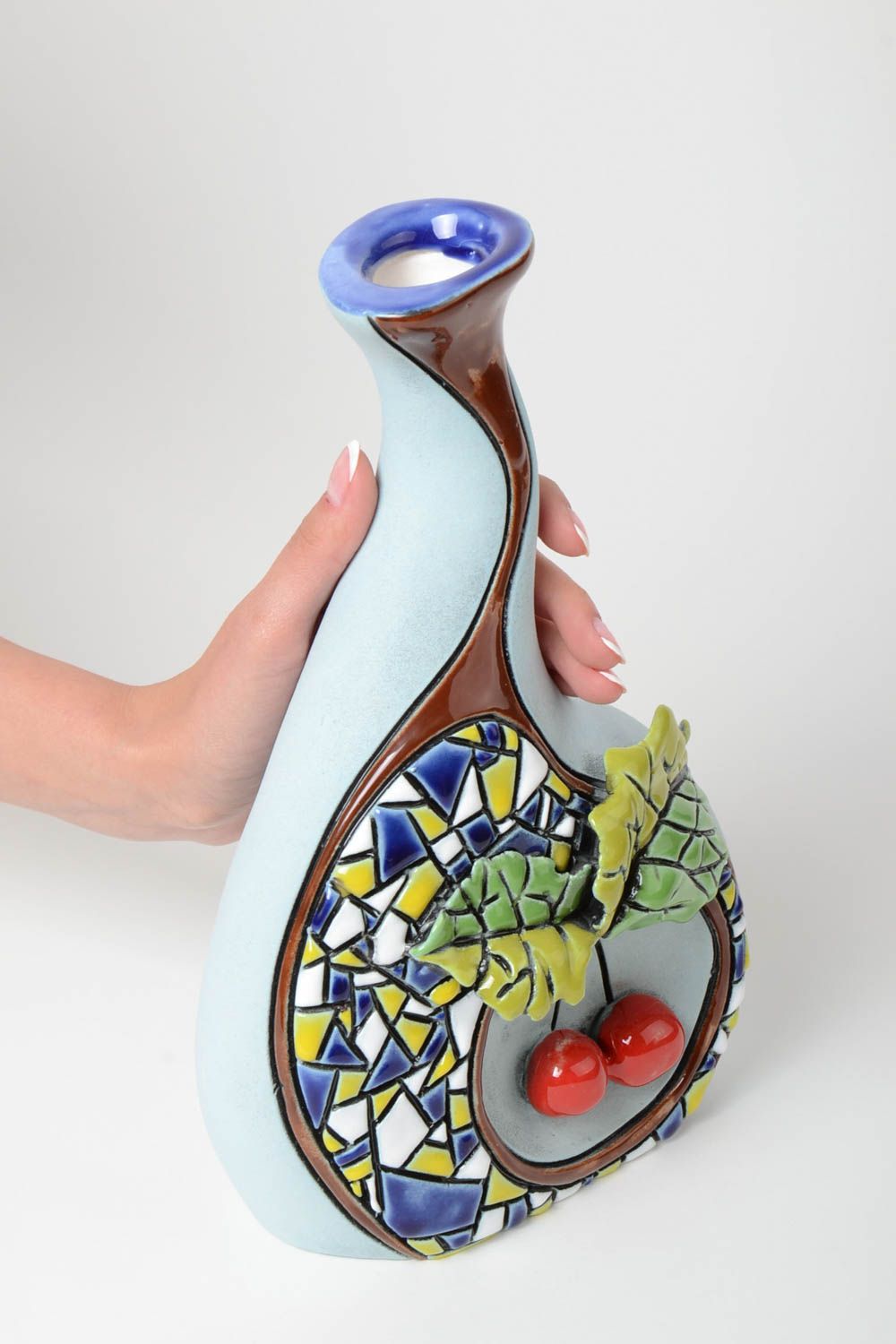 Vase céramique peint de pigments colorés fait main design avec cerises 1 l photo 5