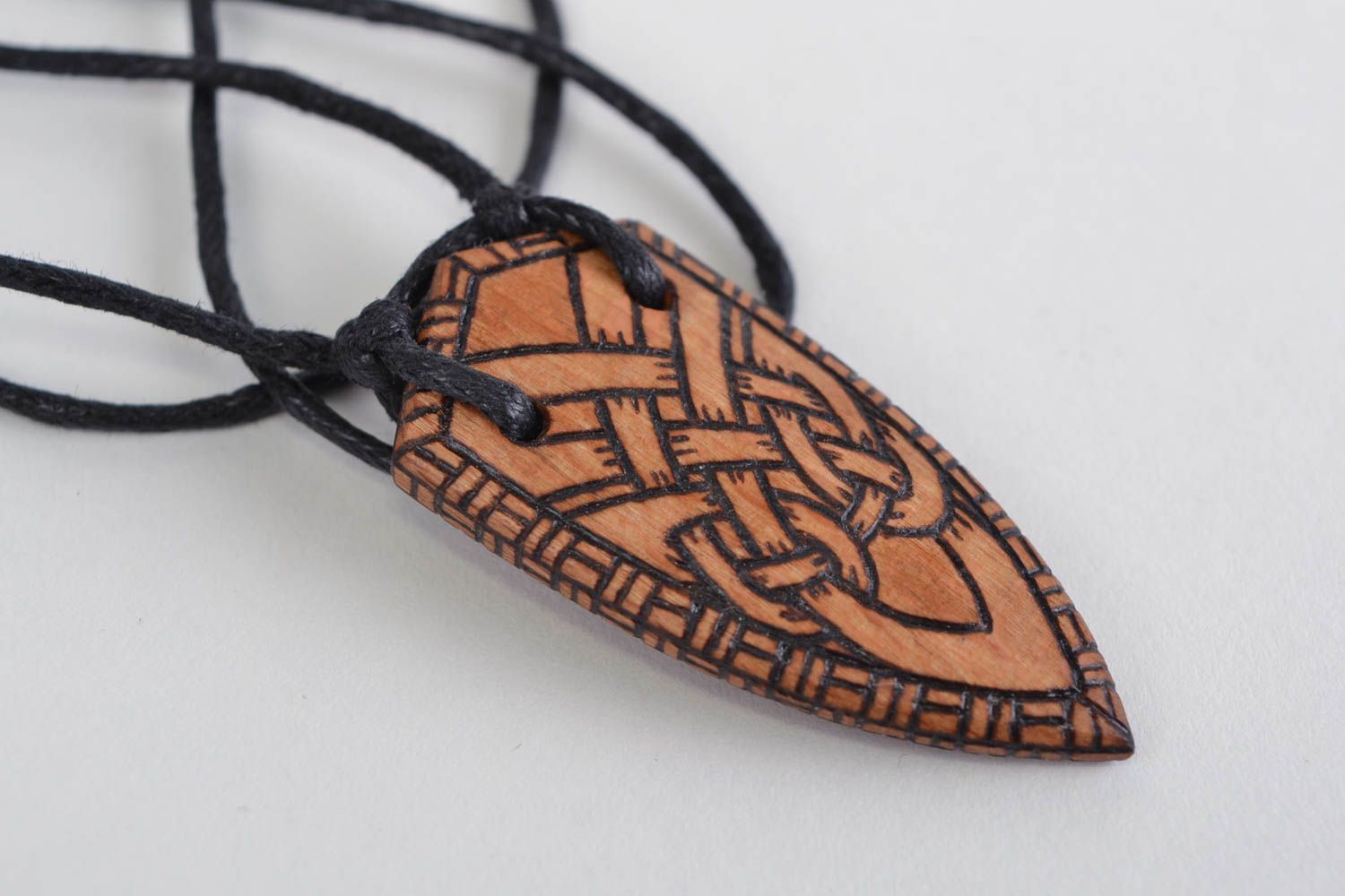 Handmade designer wooden pendant necklace with ornament in ethnic style on cord photo 4