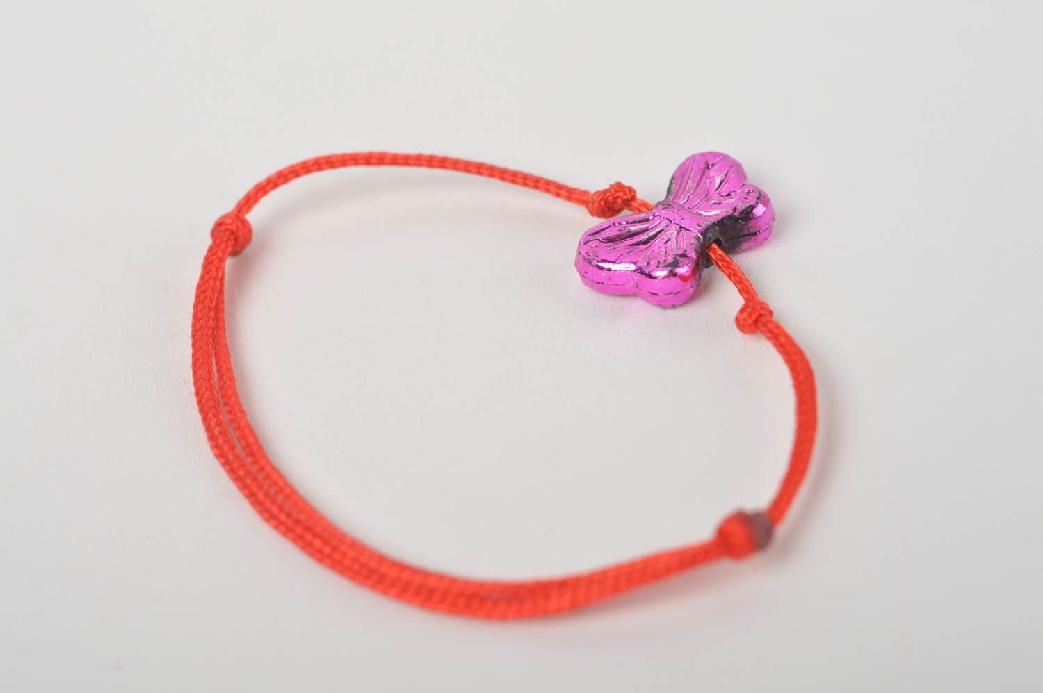 Bracelet cordon ciré Bijou fait main rouge avec papillon rose Cadeau enfant photo 5