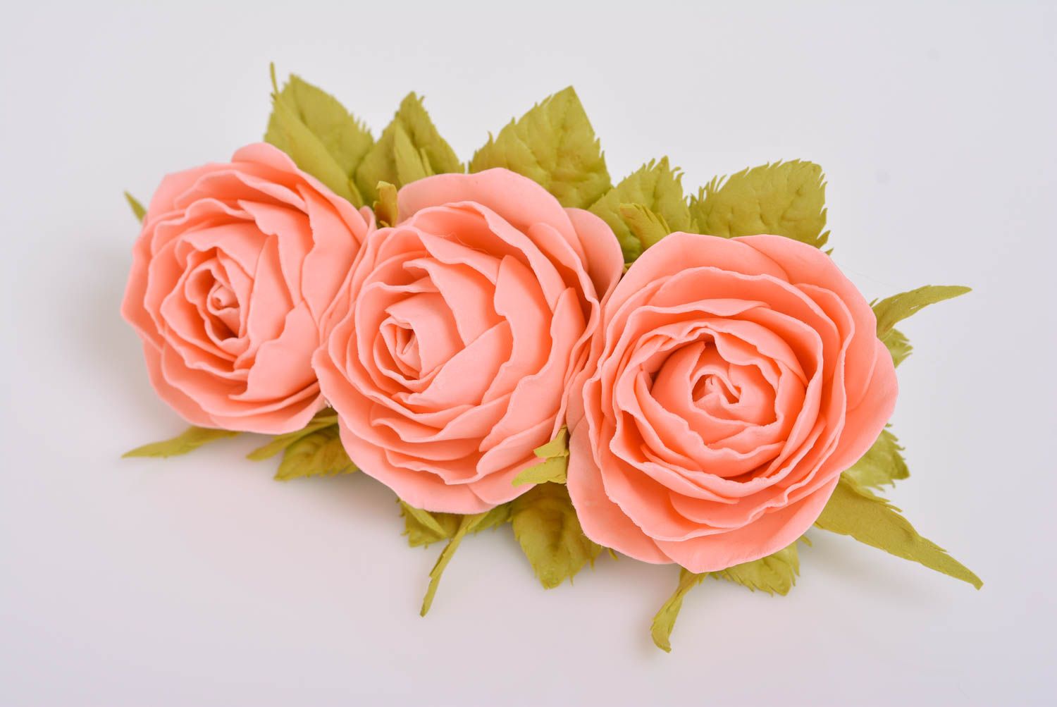 Handmade designer hair clip with foamiran rose flowers on metal clip basis photo 1