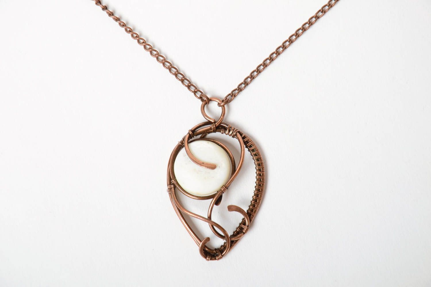 Beautiful handmade wire wrap copper pendant with natural nacre stone photo 5
