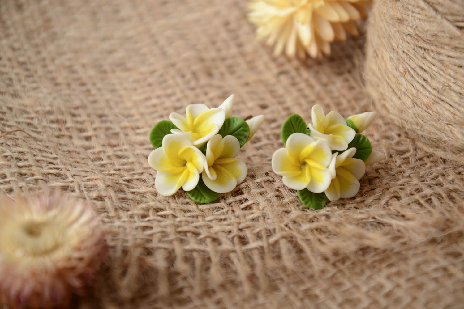 Handmade small neat earrings with cold porcelain yellow vanilla flowers for girls photo 1