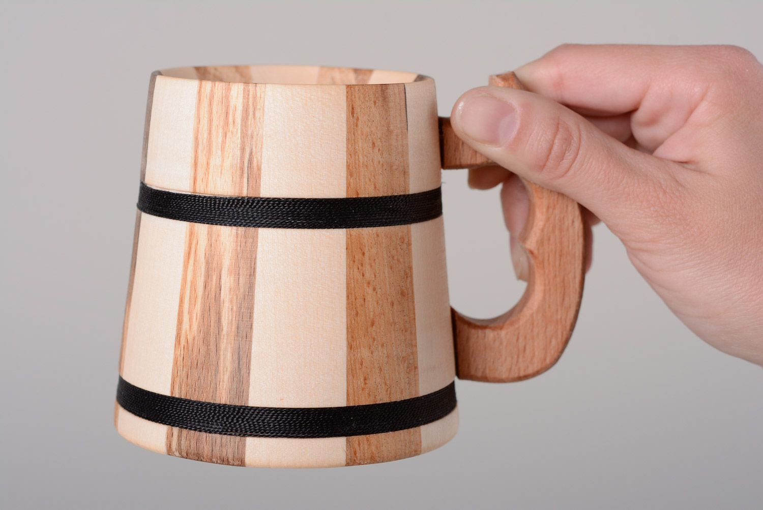 Small handmade decorative wooden beer mug created of ash-tree and beech wood photo 3
