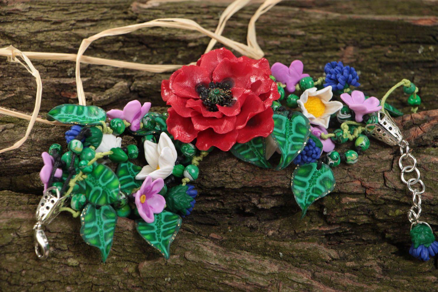 Handmade summer bracelet made of polymer clay with different flowers on chain photo 2