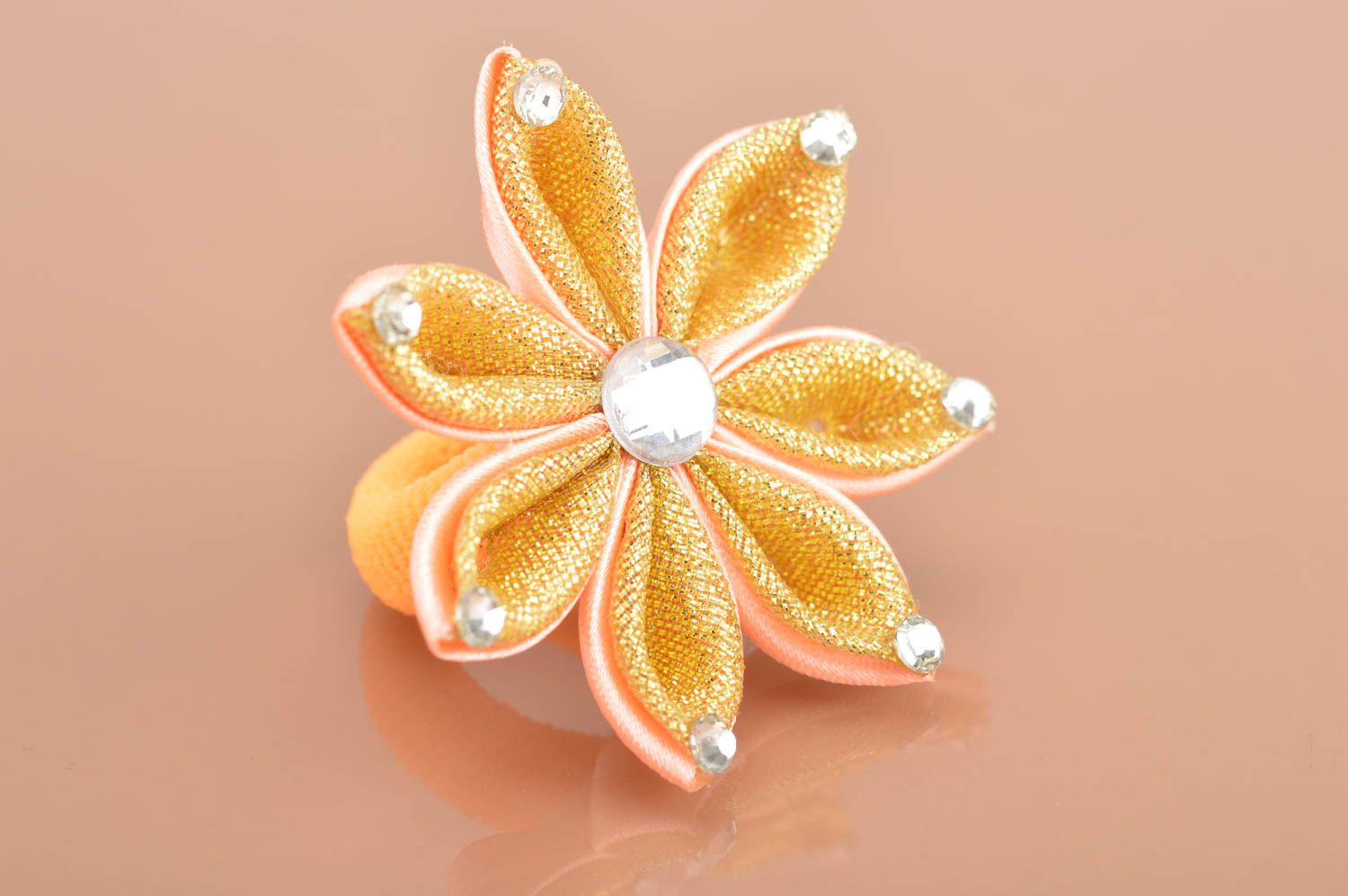Children's scrunchy with flower of golden color with crystals handmade accessory photo 5