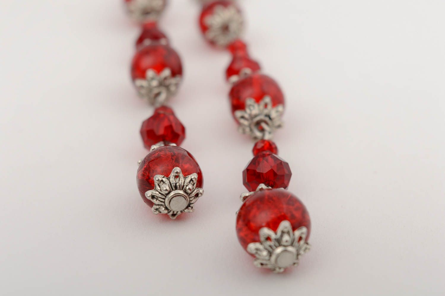Handmade designer long dangle earrings with red Czech crystal and glass beads photo 4