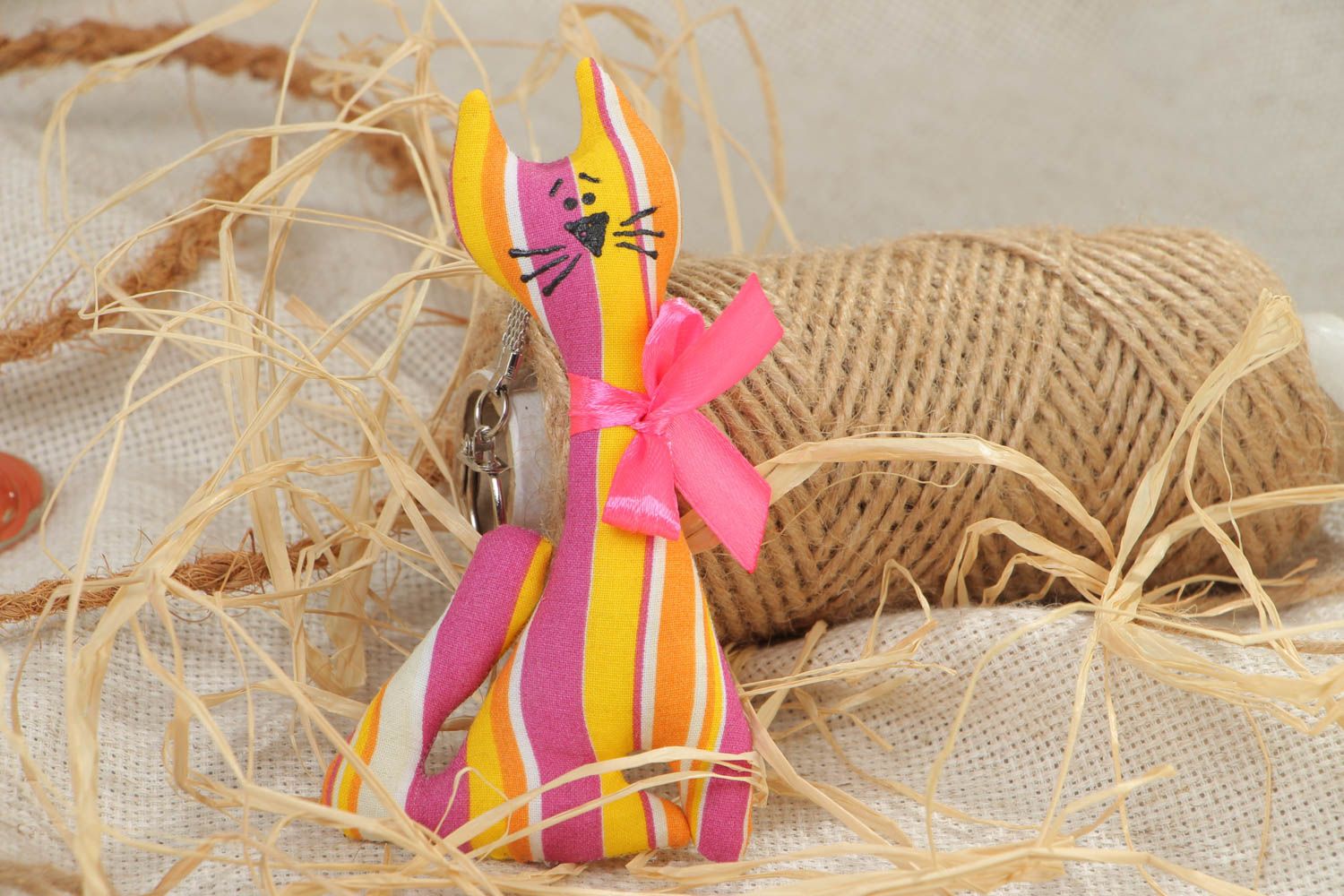Handmade small plush animal keychain sewn of bright striped cotton fabric Cat photo 1