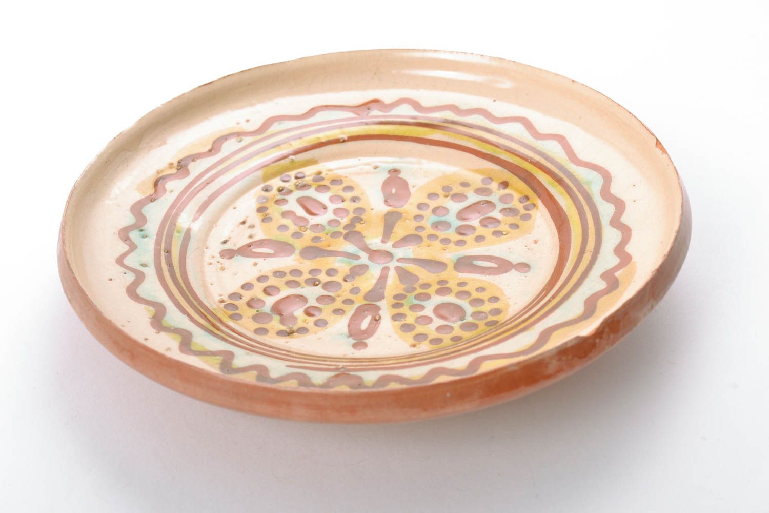 Красивая глиняная тарелка расписанная глазурью ручной работы оригинальная для декора фото 5