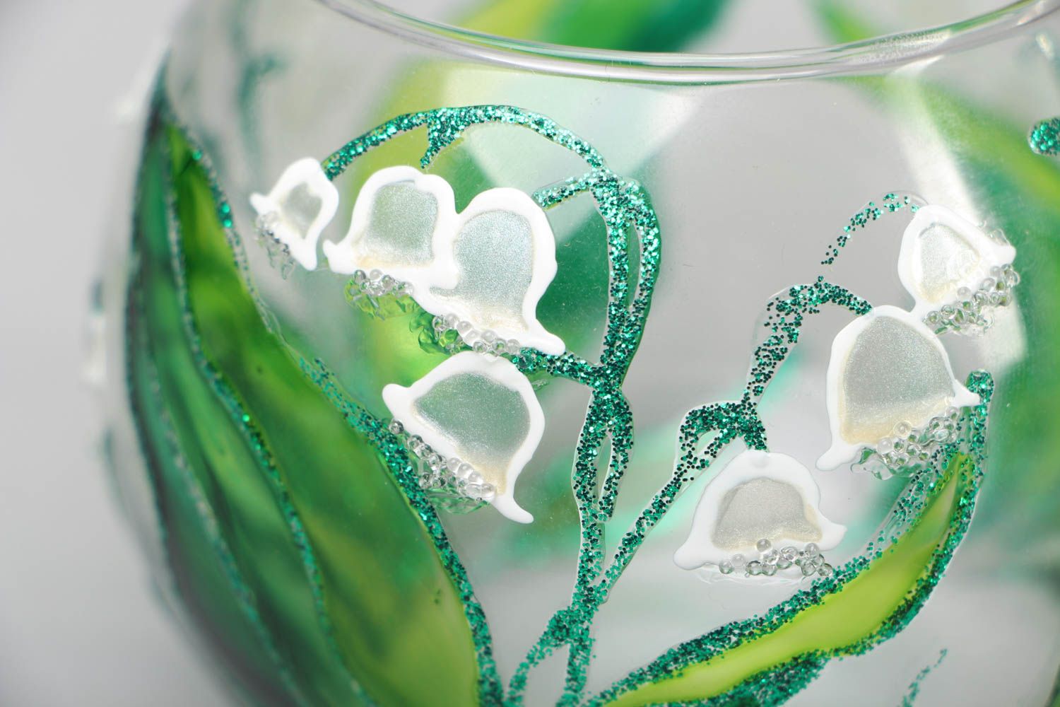 Handgemachter Teelichthalter aus Glas, Maiglöckchen foto 2