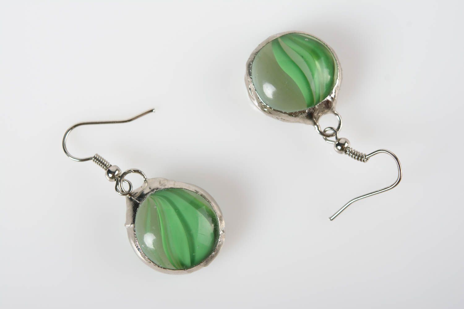 Handmade small round metal and glass dangling earrings green designer photo 2