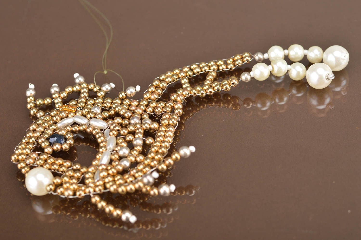 Stunning handmade beaded decorative pendant created in form of goldfish photo 2