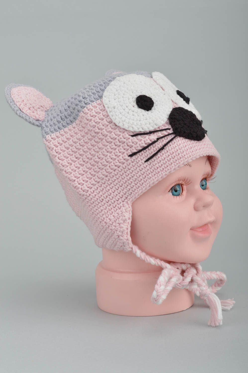Kinder Mütze aus Baumwolle Maus handmade mit Ohrenklappen gehäkelt originell  foto 5