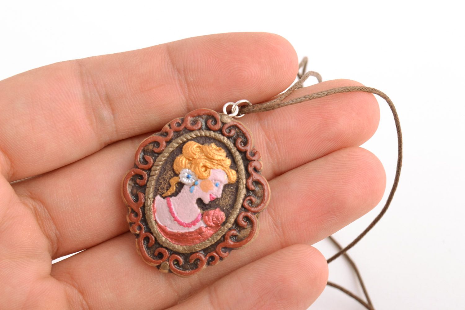 Handmade ceramic oval neck pendant with acrylic painting on cord Cameo photo 2