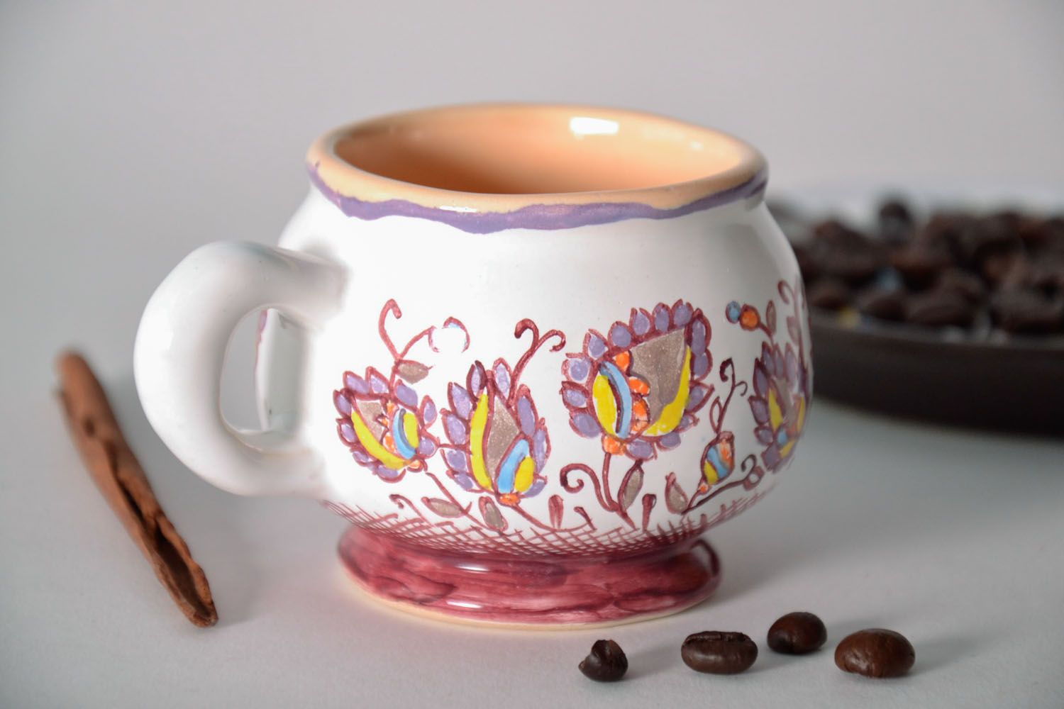 Ceramic handmade white and sherry color coffee cup with handle photo 1