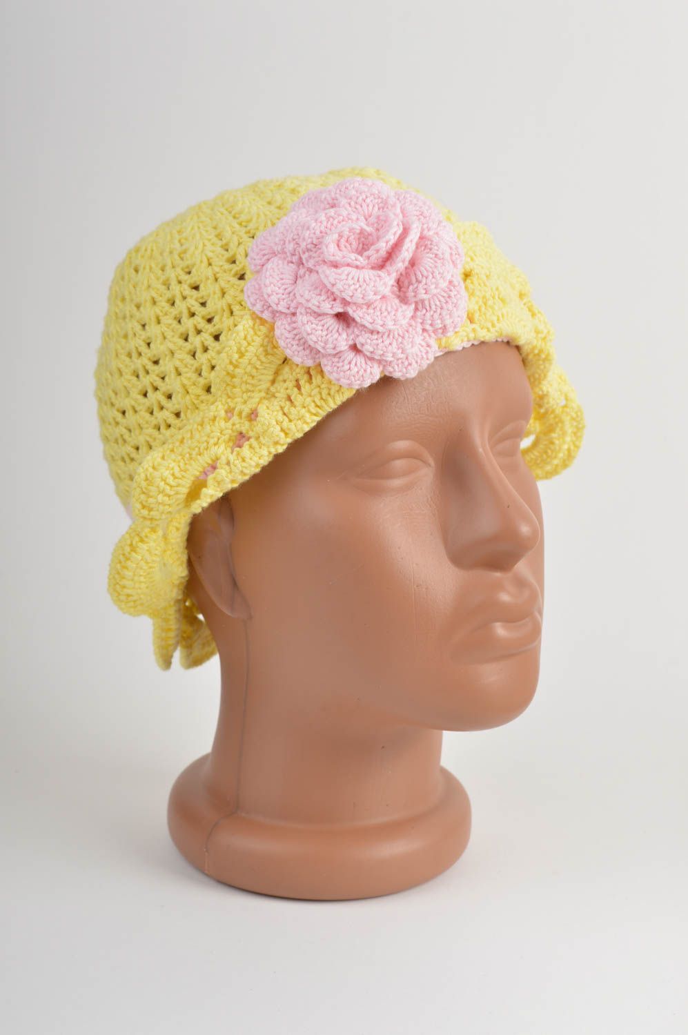 Handmade yellow crocheted cap stylish cotton accessory unusual cap for girls photo 2