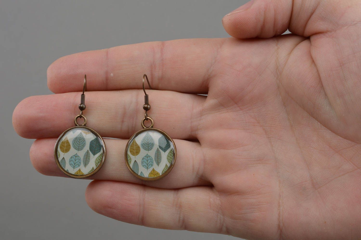 Handmade earrings with decoupage print in epoxy resin unusual fashion accessory photo 4