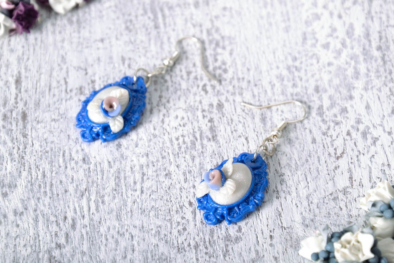 Polymer clay earrings of blue color photo 1
