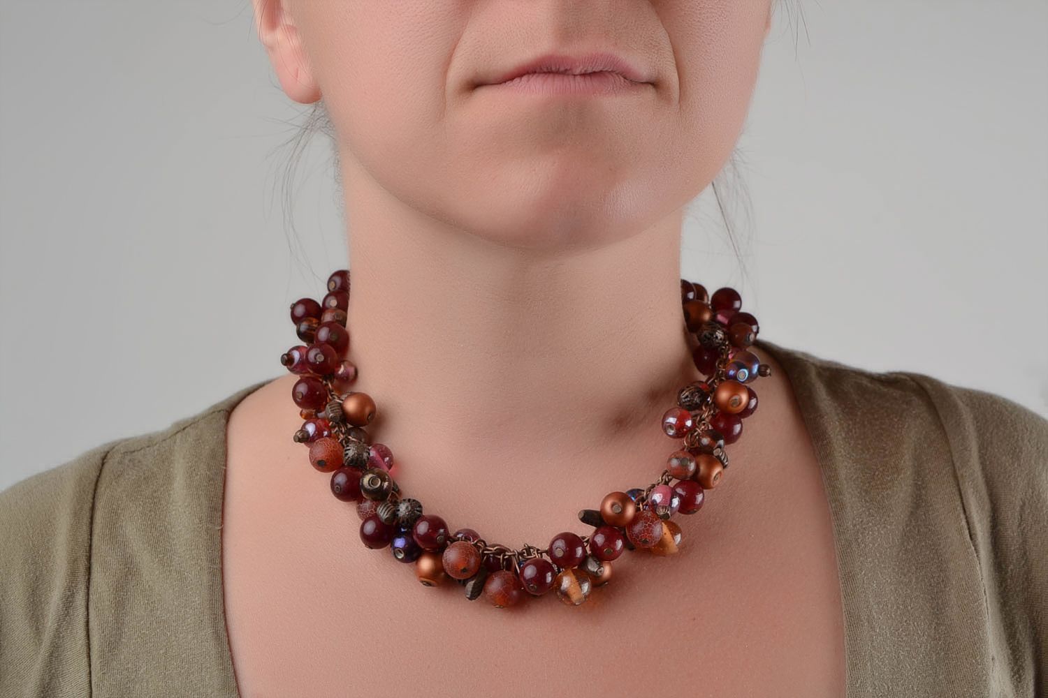 Designer massive metal chain handmade necklace with brown stone and glass beads photo 2