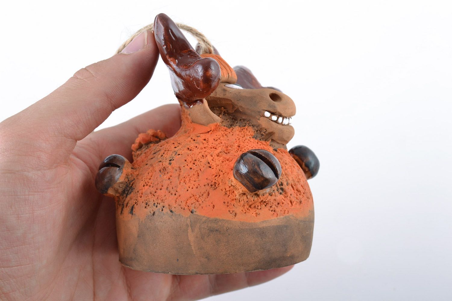 Handmade decorative painted bell molded of red clay in the shape of deer  photo 5