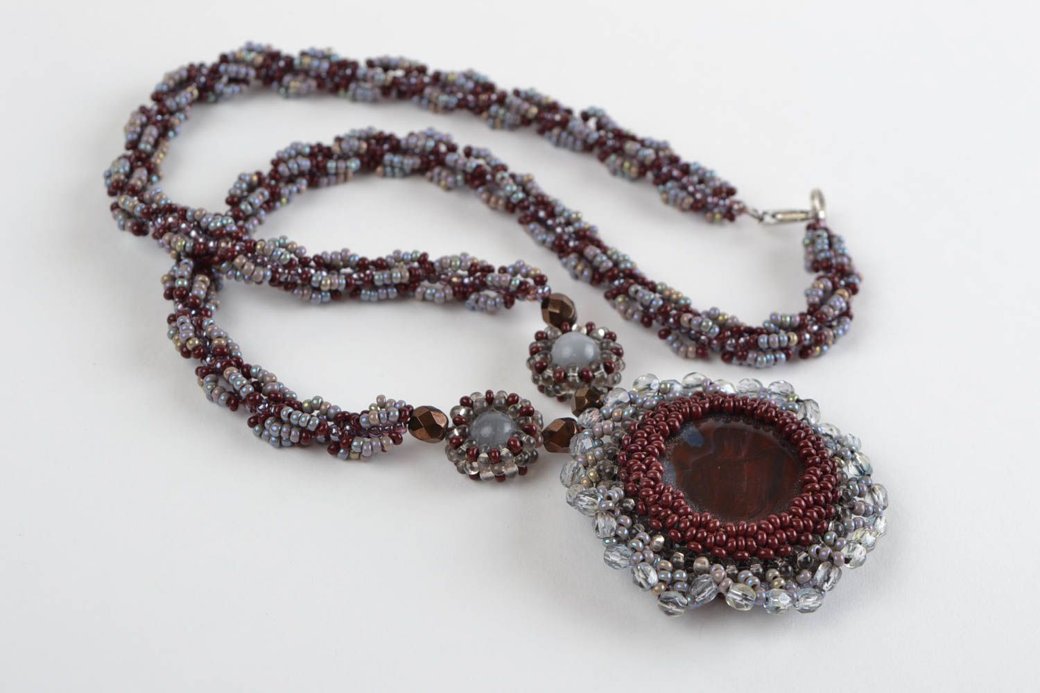Beaded pendant with natural stones long gray handmade designer accessory photo 5