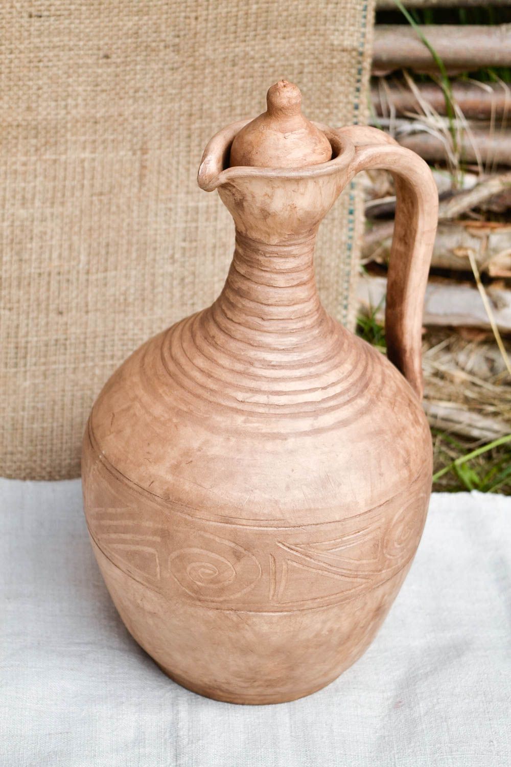 60 oz white clay ceramic handmade pitcher in Greek style with handle and lid 2,5 lb photo 1