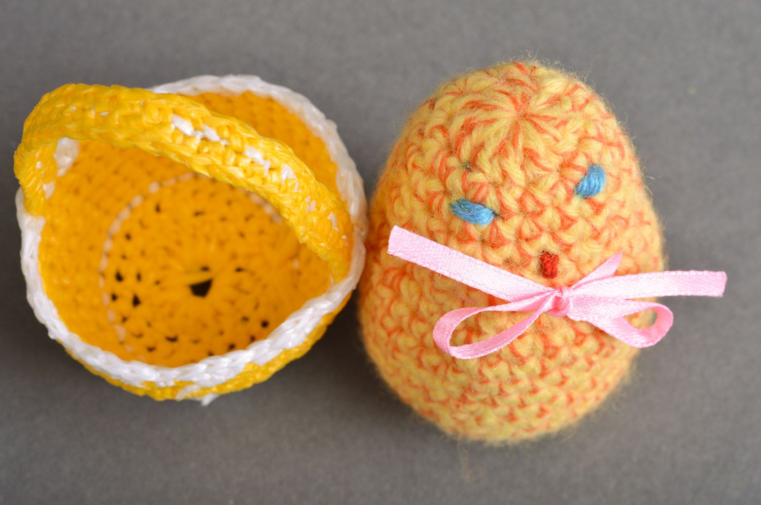 Handmade Easter decoration yellow crochet chicken with bow in basket  photo 5