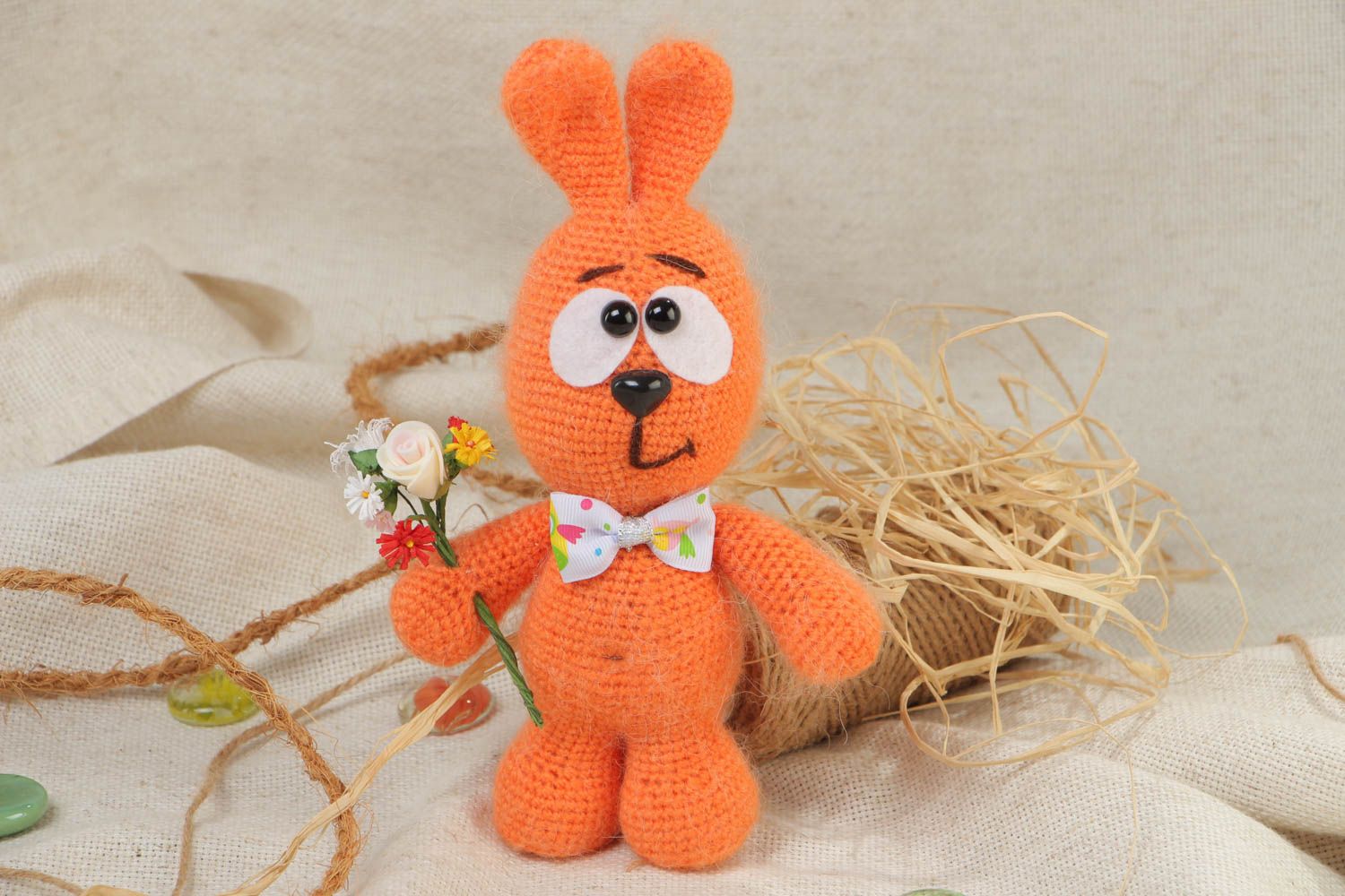 Handmade soft toy crocheted of acrylic threads Orange Rabbit with bouquet photo 1