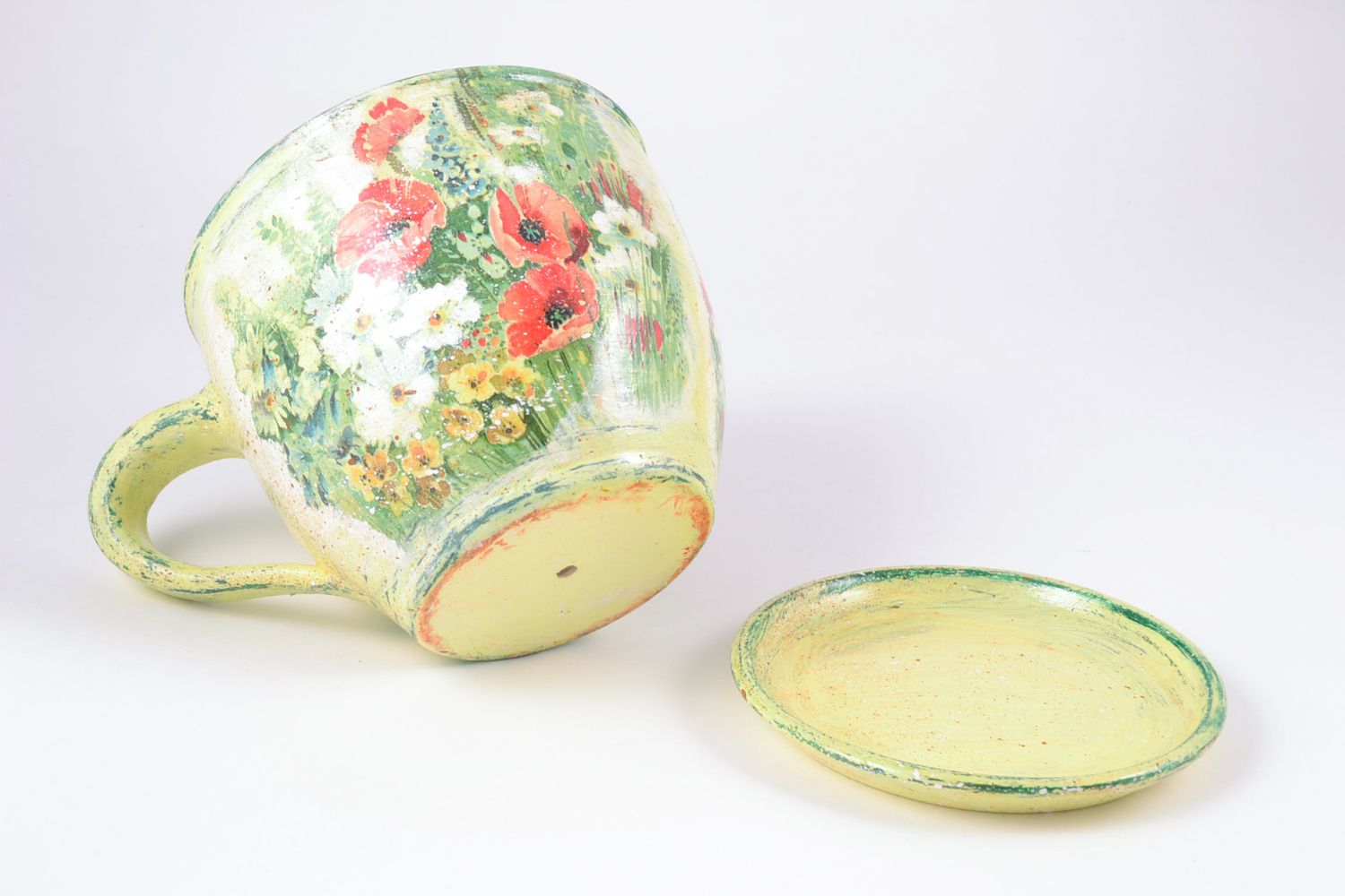 Pot en forme de tasse en terre cuite décoratif fait main à motif coquelicots photo 5
