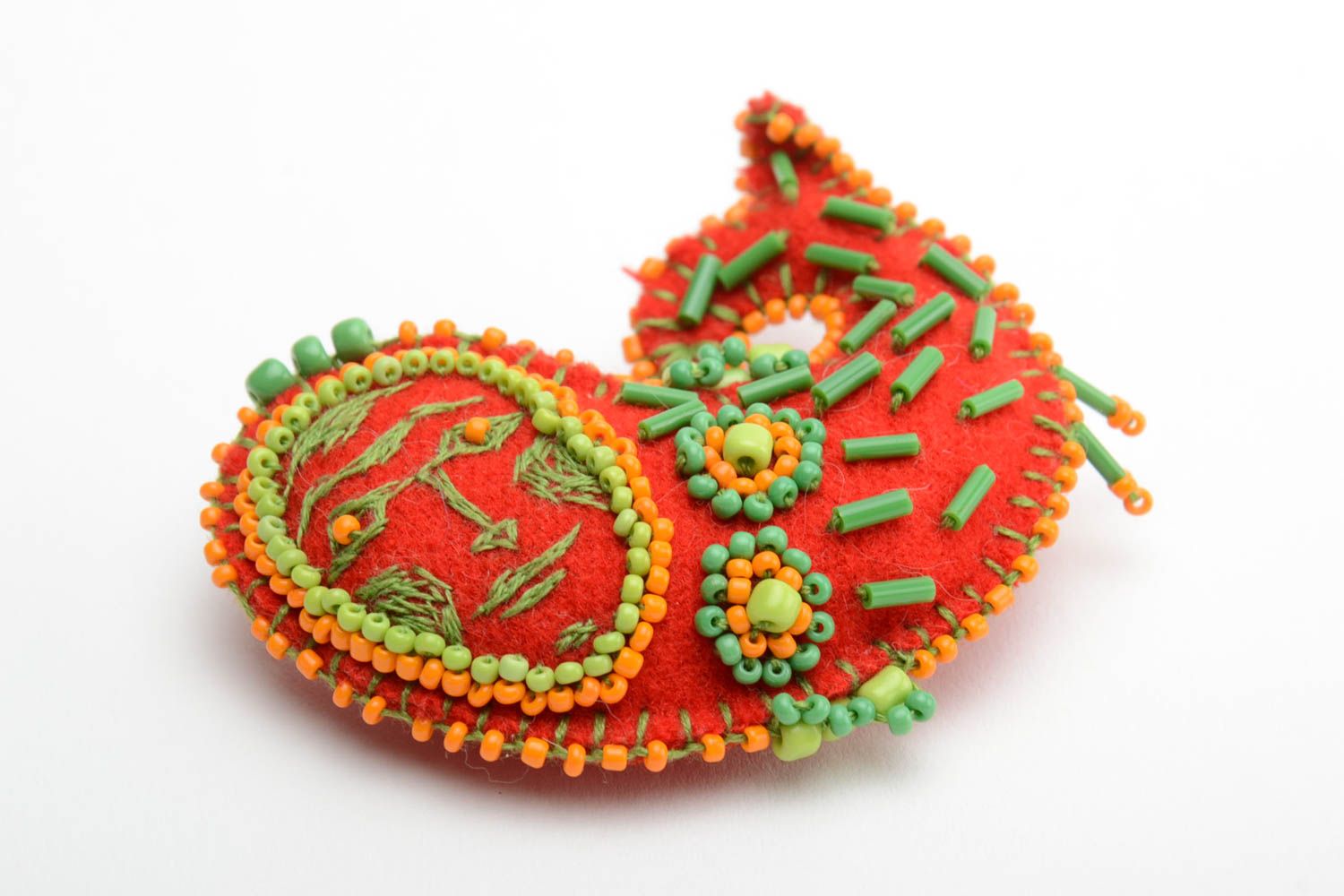 Orange handmade textile velor brooch fish embroidered with beads and threads photo 2