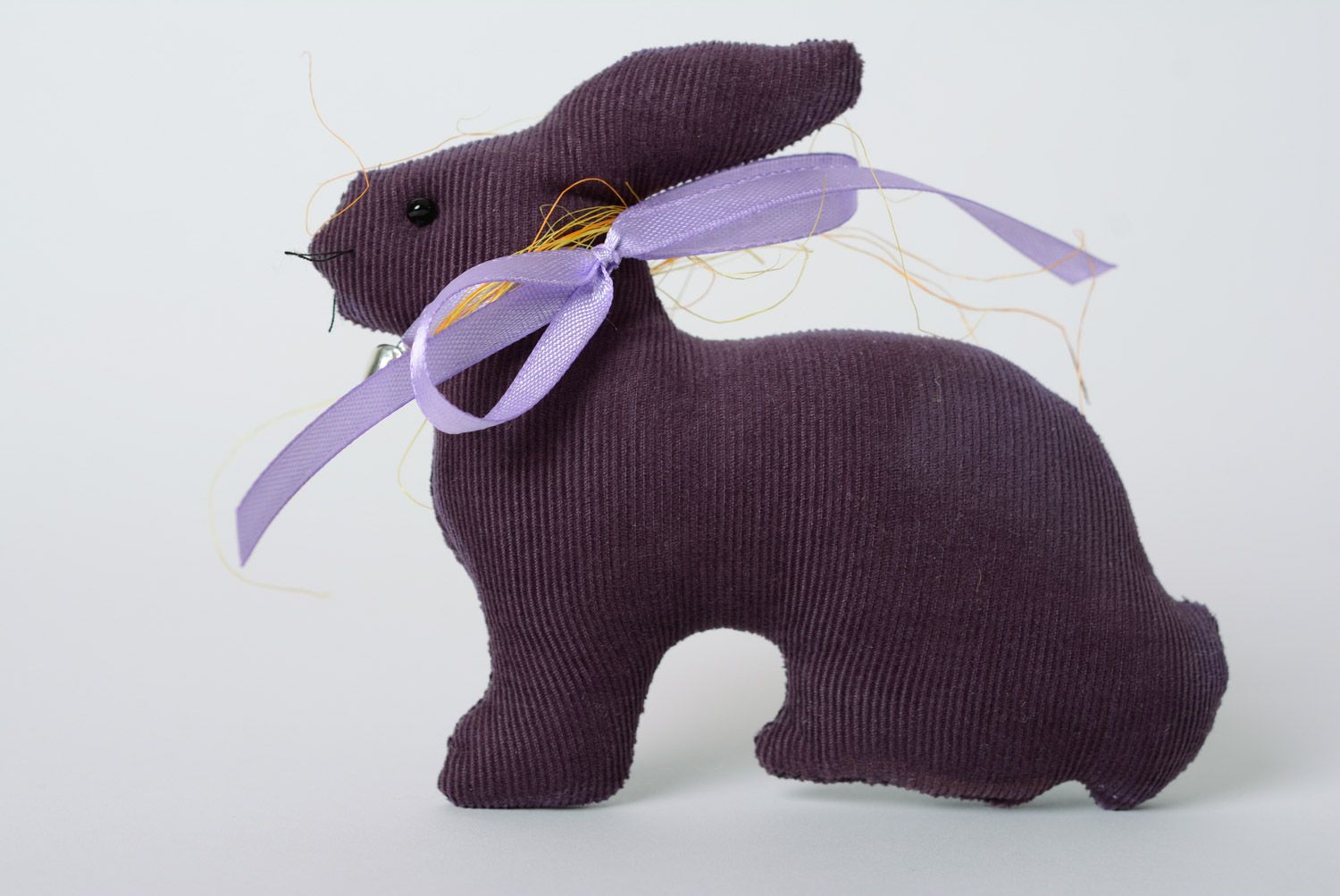 Handmade velvet fabric soft toy hare of violet color with bow photo 5